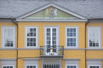 House facade and coat of arms with unicorn and lion figure from the Upper Mining Authority,