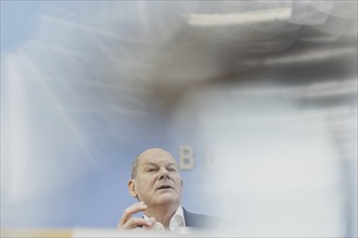 Olaf Scholz (SPD), Federal Chancellor, recorded at a federal press conference on current domestic