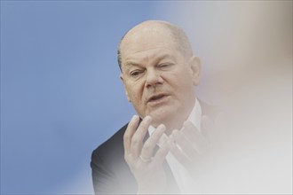 Olaf Scholz (SPD), Federal Chancellor, recorded at a federal press conference on current domestic