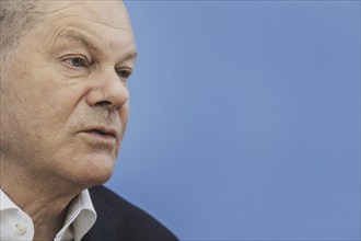 Olaf Scholz (SPD), Federal Chancellor, recorded at a federal press conference on current domestic