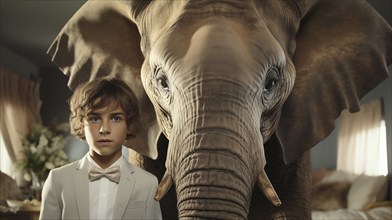 Young boy formally dressed uncomfortably standing next to the elephant in the room. generative AI