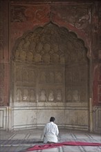 Muslim praying in the prayer area inside the Masjid-i Jah?n-Num?, Jama Masjid mosque in Old Delhi,