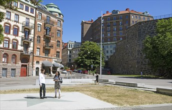 Traditional houses and old city wall at Esperantoplatsen in the city centre, Gothenburg, Västra