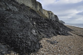 Black Ven landslide on beach between Lyme Regis and Charmouth along the Jurassic Coast, Dorset,