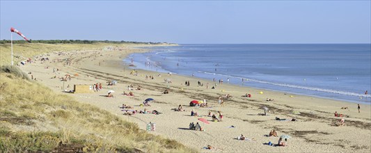 Tourists swimming and sunbathing on the beach in summer on the island Ile de Ré, Charente-Maritime,