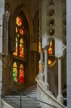 Interior view of the Familia Sagrada by the architect Antonio Gaudi in Barcelona, Spain, Europe