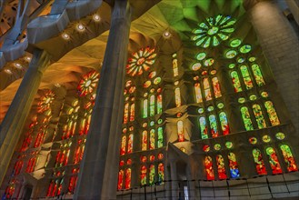 Interior view of the Familia Sagrada by the architect Antonio Gaudi in Barcelona, Spain, Europe