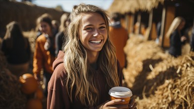 Happy young friends enjoying the fall pumpkin harvest festivities outside, generative AI