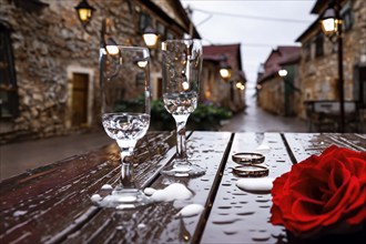 Red roses, golden rings and glasses of wine on an old wooden table, AI generated