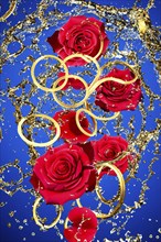 Golden engagement rings and red roses falling into the water with splashes, AI generated