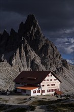 Stormy atmosphere, view of the Dreizinnenhütte, Paternkofel, South Tyrol, Trentino, Sesto