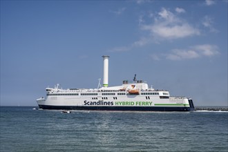 Ferry MS Copenhagen with a 30-metre-high rotor sail, Warnemünde, Rostock, Mecklenburg-Western