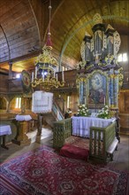 View of the altar in the Lutheran wooden church (Unesco World Heritage Site), Hronsek,