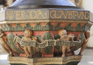 Baptismal font from 1539 with relief of a children's round dance by J¸rg Diener, in the church of