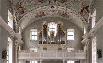 Organ, organ loft, interior photograph, St. George Catholic Parish Church, Neustift, Stubai Valley,