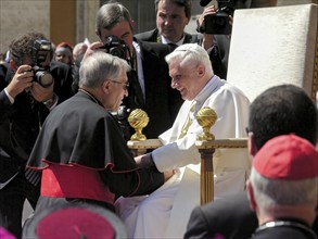 Pope Benedict XVI Joseph Ratzinger greets a cardinal for the 1st audience on 27/04/2005, St.