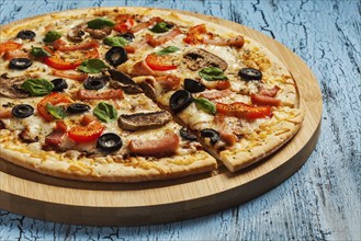 Ham pizza with (capsicum), mushrooms, olives and basil leaves on wooden board on blue table