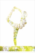 Nature harmony healthy lifestyle concept. Double exposure image of woman doing yoga asana Lord of