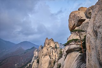 View of stone and rock formations from Ulsanbawi rock peak in stormy weather. Seoraksan National