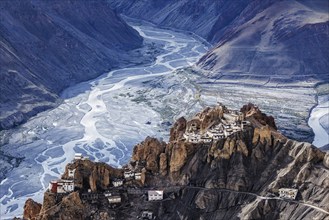 Dhankar monastry perched on a cliff in Himalayas. Dhankar, Spiti Valley, Himachal Pradesh, India,