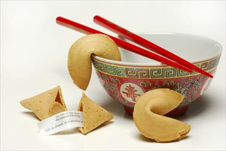 Bowl with chopsticks, fortune cookies, aisiatic lucky charms, surprise, pastry, chopsticks,