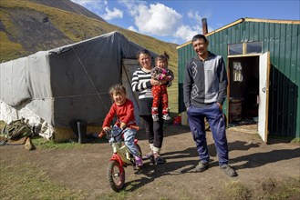 Shepherd family on their summer pasture, West Karakol Valley, Tien Shan Mountains, Naryn region,