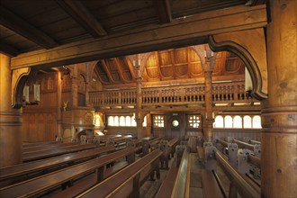 Interior photograph of the Gustav-Adolf-Stabkirche built in 1908 in Hahnenklee, wooden church,