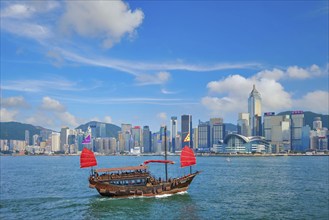 HONG KONG, CHINA, MAY 1, 2018: Hong Kong skyline cityscape downtown skyscrapers over Victoria