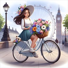 Cute anime girl on bicycle with flowers in the city of London. AI generated