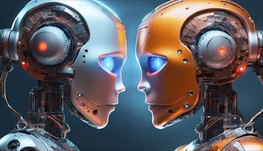 Two robots take a close look at each other, generated with AI