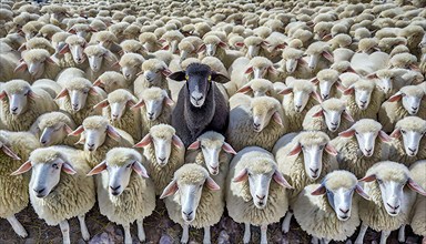 Symbolic image, One black sheep among many white sheep, AI generated