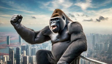 The fictional giant ape King Kong looms over the roof of a skyscraper in New York, AI generated