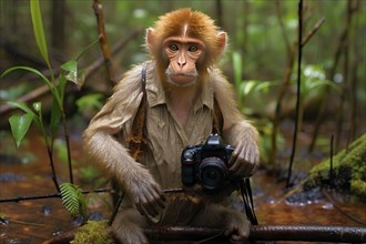 Capuchin monkey with a photographer vest and a camera in the hand in the rainforest, AI Generated