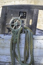 Ropes and steering wheel at a shipwreck, Kucište, Orebic, Pelješac Peninsula, Dubrovnik-Neretva