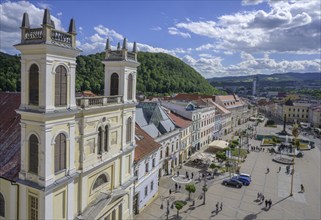 View of the Cathedral of St. Francis Xavier and the main square from the clock tower, Banská