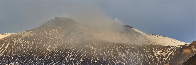 Snow-capped peaks, trees, wall of lava rubble, Etna, volcano, eastern Sicily, Sicily, Italy, Europe