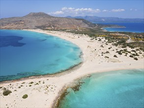 Drone shot, double bay of Simos beach, Sarakiniko beach, Elafonisos, Deer Island, Laconia,