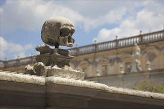 Skulls on the ballustrades in the monks' cemetery, Great Cloister of the Certosa di San Martino on