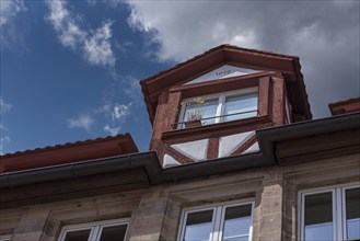 Historic roof bay from 1875, Obere Krämergasse 14, Nuremberg, Middle Franconia, Bavaria, Germany,