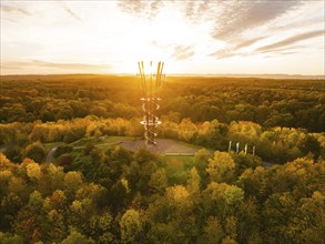 Aerial view of the Schönbuchturm in autumn forest at sunrise, Herrenberg, Germany, Europe