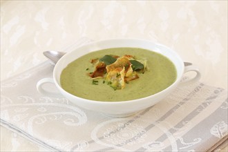 Swabian cuisine, cress soup with crisps, cress, plate with green cream soup, soup cup, soup bowl,