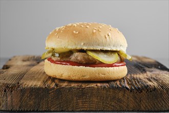 Traditional hamburger on rustic wooden background, front view