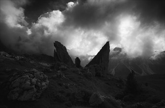 Malga-Alm below the Geisler peaks, Puez-Odle nature Park, Seceda, Val Gardena, Trentino, South