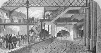 The Metropolitan Railway in 1869, railway, here Kings Cross station in London, England, Historic,