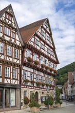 Half-timbered houses on the market square of Bad Urach, Reutlingen district, Baden-Württemberg,