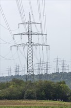 Power pylons of an overhead line, Baden-Württemberg, Germany, Europe