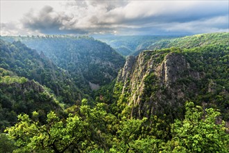 Hexentanzplatz with view over valley Bodetal, mountain range of Harz, Sachsen-Anhalt, Germany,