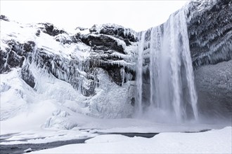 Skogafoss waterfall, snowy and icy rock face, Sudurland, Iceland, Europe