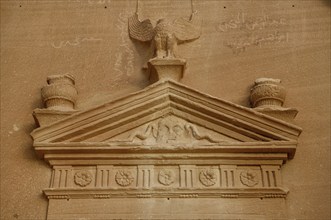 Detail of a Nabataean tomb at the rock Qasr Al-Bint, Hegra or Madain Salih, AlUla region, Medina