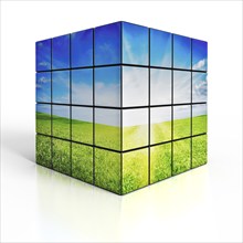 Ecology environmetal nature protection concept, cubes with beautiful landscape on white reflective